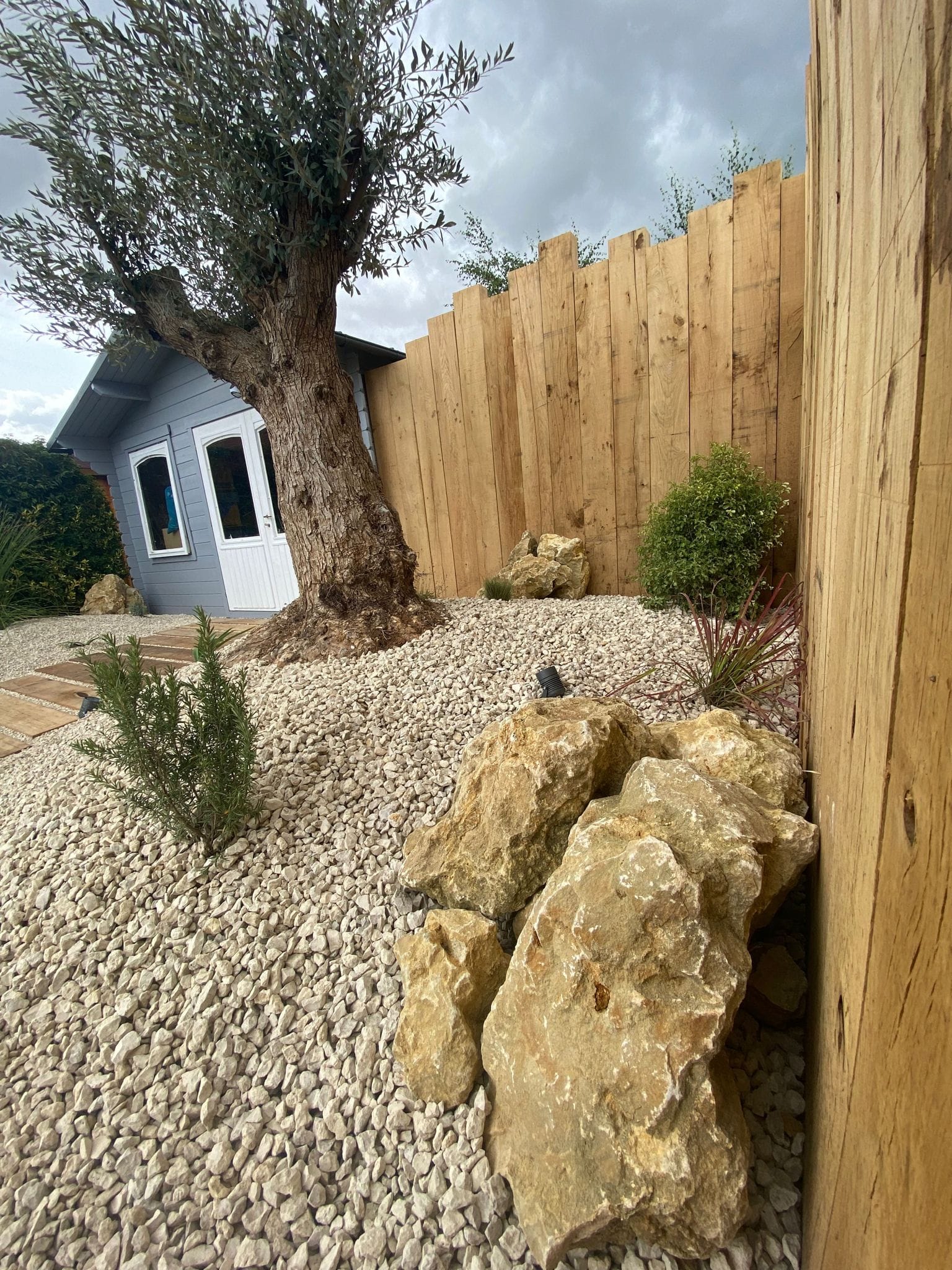 Clôture en bois intégrée à un jardin avec olivier et galets